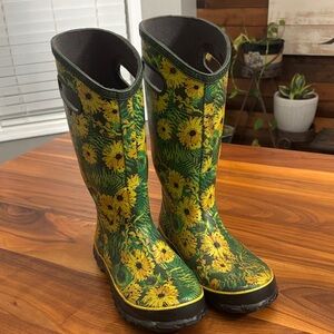 Floral Green and Yellow Women's Rain Boots